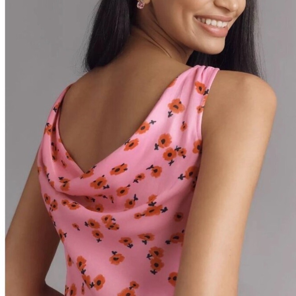 Anthropologie NEW Cowl-Neck Satin Mini floral Dress M summer romantic brunch - Picture 4 of 11